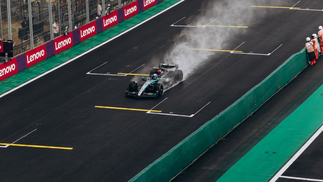 Formula racing car on a wet circuit during a race