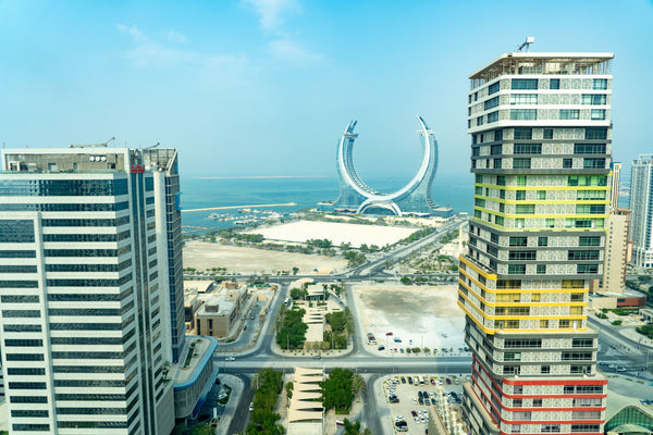 Aerial view of the Lusail towers and waterfront in Qatar