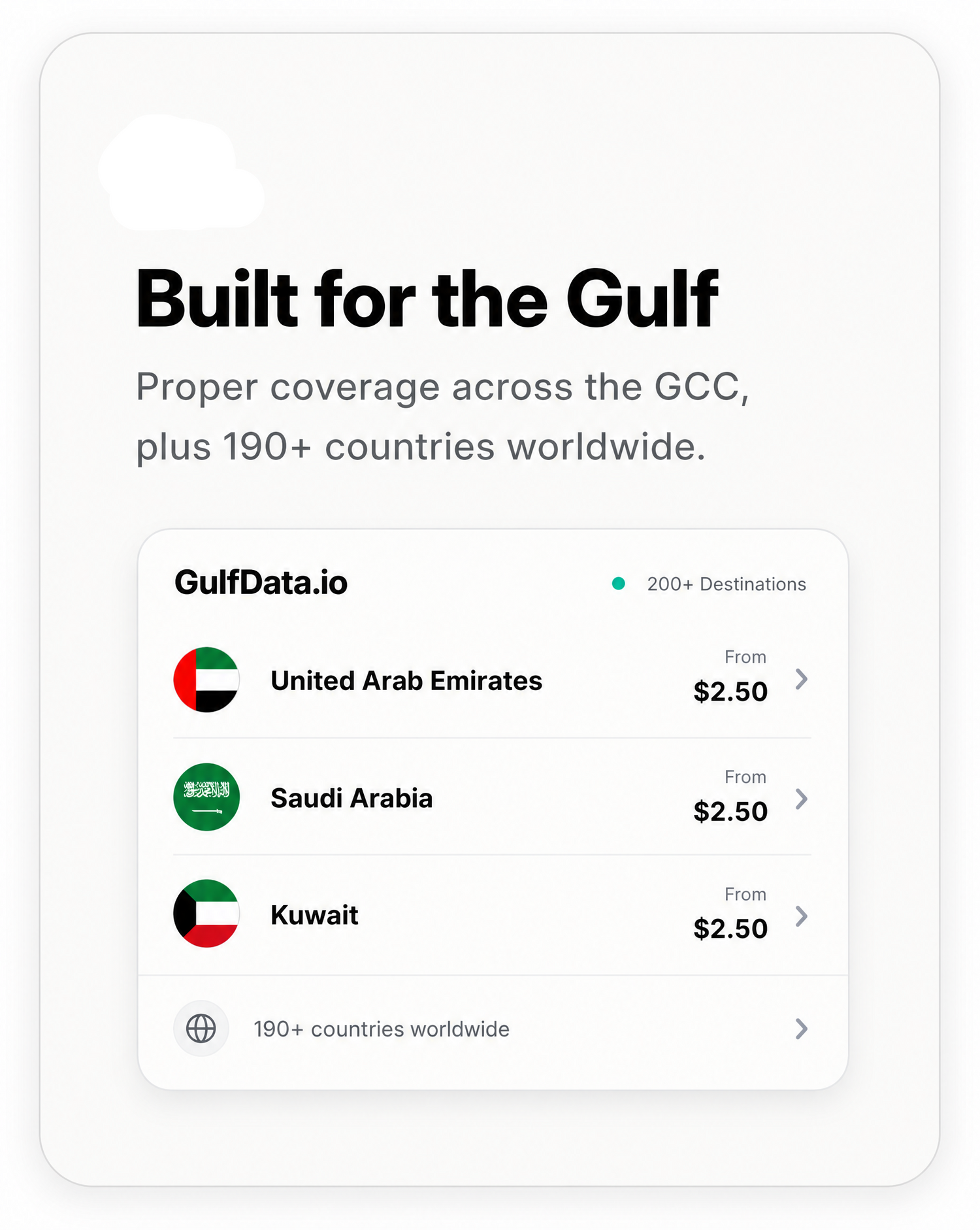 GulfData.io service advertisement with pricing for United Arab Emirates, Saudi Arabia, and Kuwait on a white background.