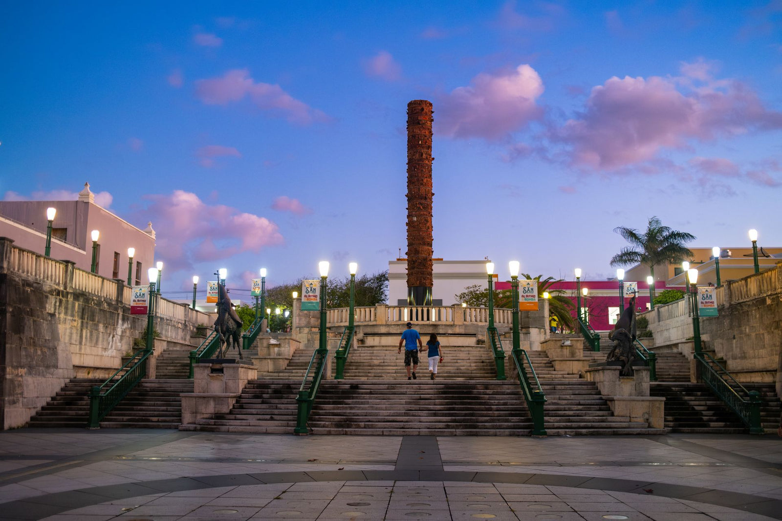 Scenic evening view of Totem Square with vibrant sky in Old San Juan, Puerto Rico.
