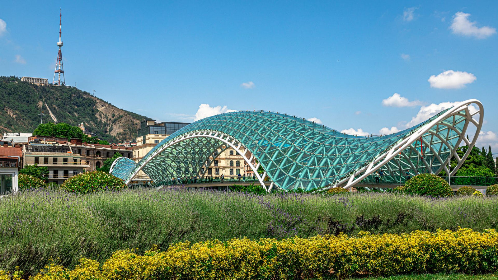 Modern architectural marvel, the Bridge of Peace in Tbilisi, Georgia amidst scenic views.