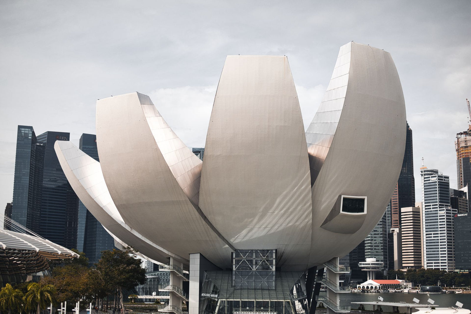 Iconic ArtScience Museum in Singapore with a backdrop of modern skyscrapers.